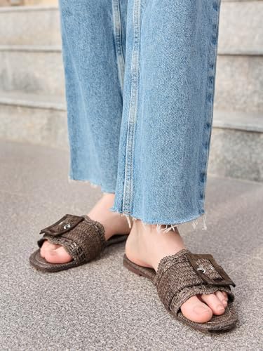 Image of Coutgo Womens Flat Sandals Raffia Slip On Slide Sandal Square Open Toe Buckle Summer Beach Shoes Flats
