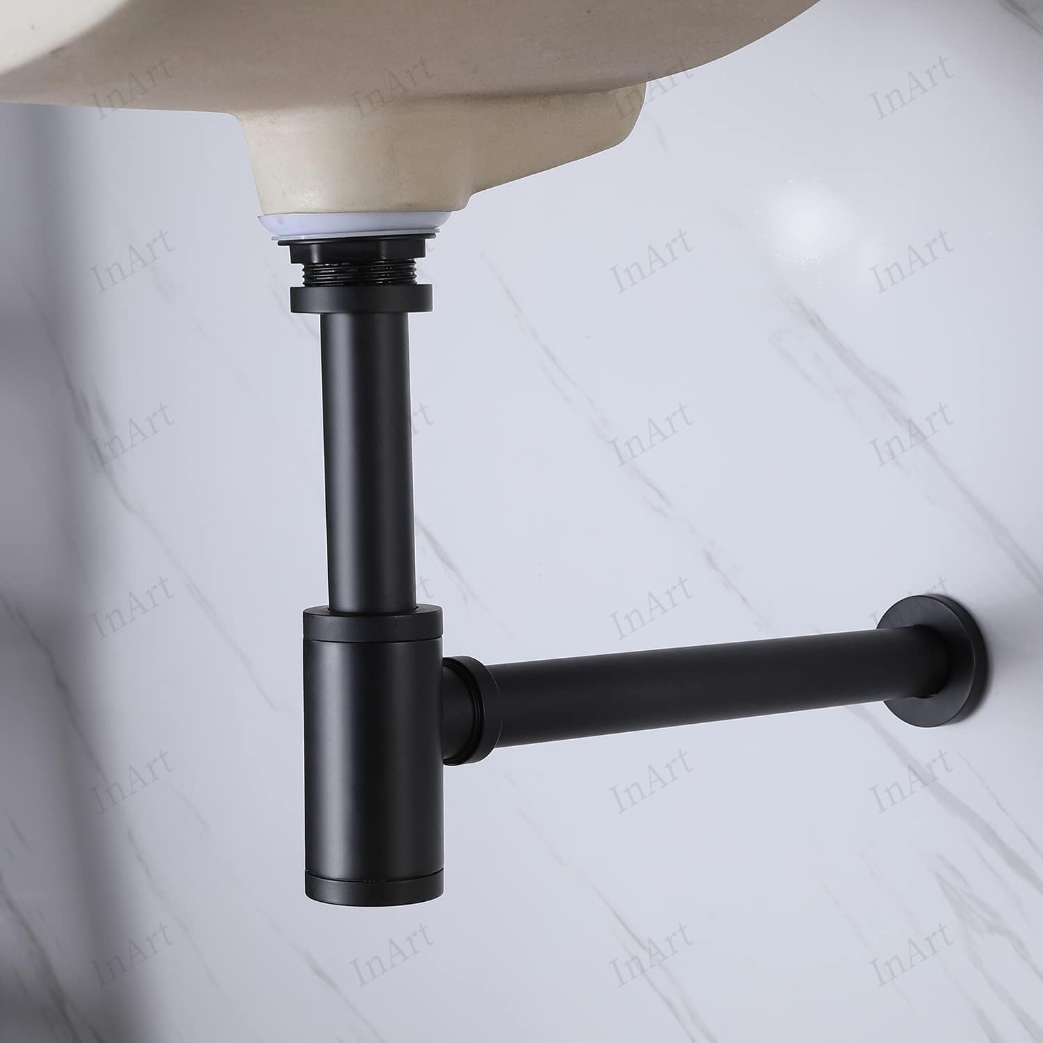 InArt® Heavy Duty Brass Bottle Trap for Wash Basin & Kitchen Sink | Matt Black Finish with 12 Inch Pipe & Wall Flange | Anti-Clog, Rust-Proof, Reusable, Easy Installation (Black Matt) 1