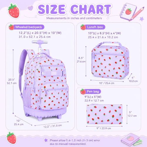 Image of 3Pcs Rolling Backpack for Girls Women, Travel Roller Backpacks with Wheels for Adults, Teens College Strawberry Wheeled Bookbag with Lunch Box (Purple)