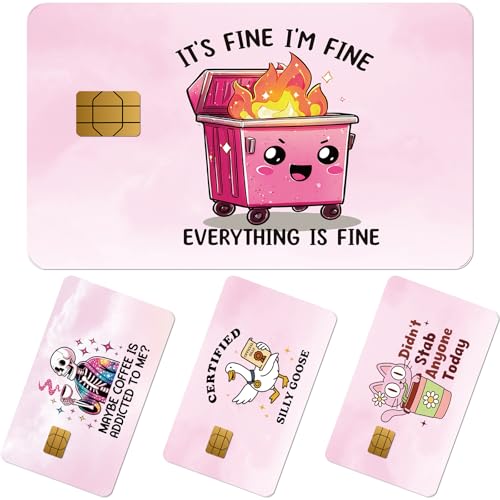 Aposwow Credit Debit Card Skin - 4 Pcs Pink Funny Skeleton Dumpster Debit Card Stickers Skull Goose Cat Waterproof Decal Cover Set for DIY Key Transportation Credit Cards Removable Sticker