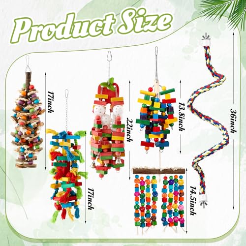 Image of Seenelling 6 Pcs Extra Large Bird Toys for Parrots, Mixed | Multicolored Natural Wooden Blocks & Beads Bells, Bird Cage Chewing Toys for Large Medium Macaws African Grey Cockatoos