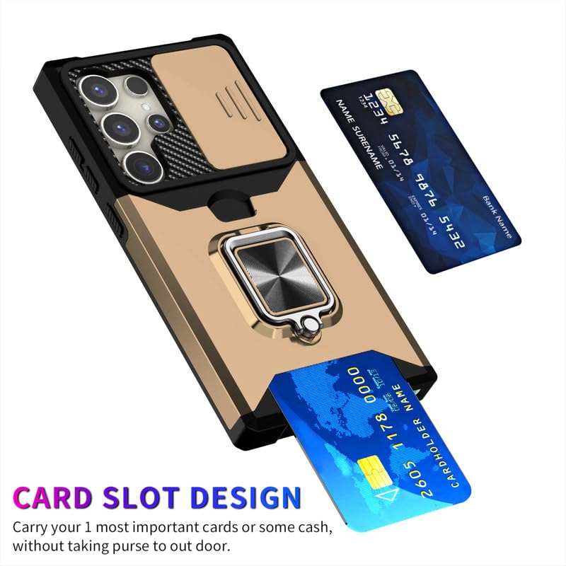 Image of LuxuryKase Shockproof Armor Case for Samsung Galaxy S24 Ultra | Slide Camera Cover | Hidden Card Slot | Rotating Ring Kickstand | Magnetic Car Mount Support | Military Grade Protection - Gold