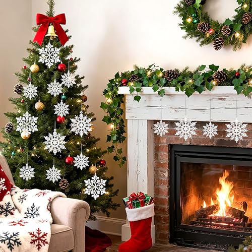 Image of 60pcs Snowflakes-Christmas Tree Decorations, Snowflake Ornaments for Tree, Plastic Glitter White Snow Flakes Ornaments, Christmas Indoor Winter Wonderland Decor