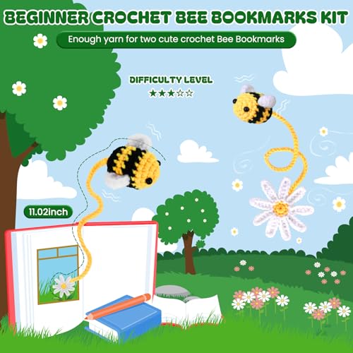 Image of Crochetta Crochet Kit for Beginners, Crochet Starter Kit w Step-by-Step Video Tutorials, Beginner Crochet Kit for Adults Kids Women Men Complete Kit Included (Bee Bookmark)