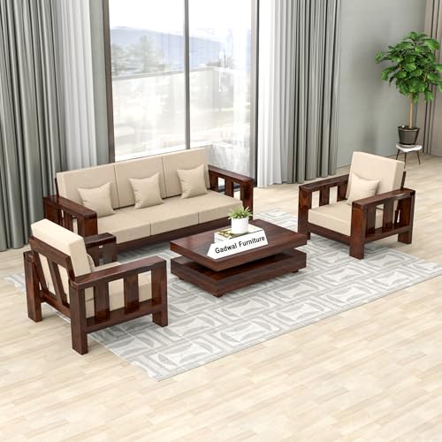 Image of Solid Sheesham Wooden 5 Seater Sofa Set for Living Room with Comfortable Cushion - Wooden Sofa Set 5 Seater for Home & Office Furniture (Walnut, Haney 5 Seater 3+1+1)
