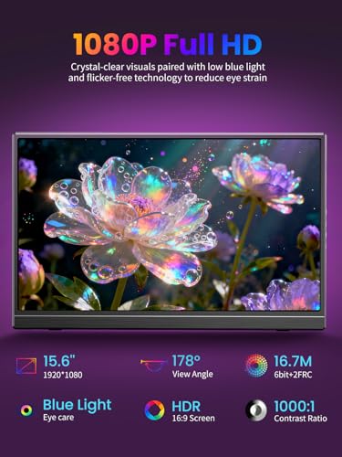 Image of 15.6 Inch Portable Monitor, 1080P FHD IPS Ultra-Slim Travel Monitor with Kickstand & Speakers, USB-C HDMI Plug & Play HDR External Monitor for Laptop PC Phone PS5 Xbox Switch