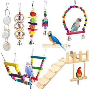 8Pcs Bird Parakeet Toys Bird Perches Platform with Climbing Ladder Colorful Standing Chewing Toy Bird Cage Toys for Budgerigar, Parakeet, Conure, Cockatiel, Mynah, Love Birds, Finches