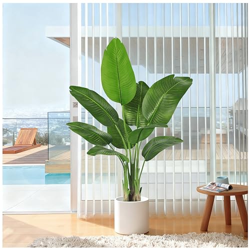 FSOHOI Künstliche Paradiesvogel Pflanze Faux Bananenblatt Baum für Home Decor - Kunstpflanzen Groß Indoor-Boden-Pflanze mit 9 Stämmen (1, Schwarzer Pflanzer, 120cm)