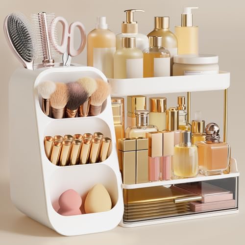Image of HBlife Bathroom Organizers and Storage with Brush Holder for Vanity, 3 Tier Plastic Makeup Organizer for Dresser Counter, Skincare, Lipstick, Perfume, and Cosmetic Storage