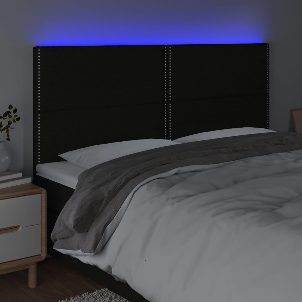 Zagłówek do łóżka z LED, czarny, 160x5x118/128 cm, tkanina - regulowany zagłówek z taśmą LED do cięcia, zapewniający podparcie pleców podczas czytania, instrukcją montażu,