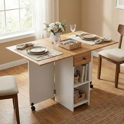 Image of FFO Folding Dining Table for Small Spaces | Compact Table with Drawer & Storage Shelves | Red Oak & White Finish | 120 x 72 x 75 cm | DIY Assembly