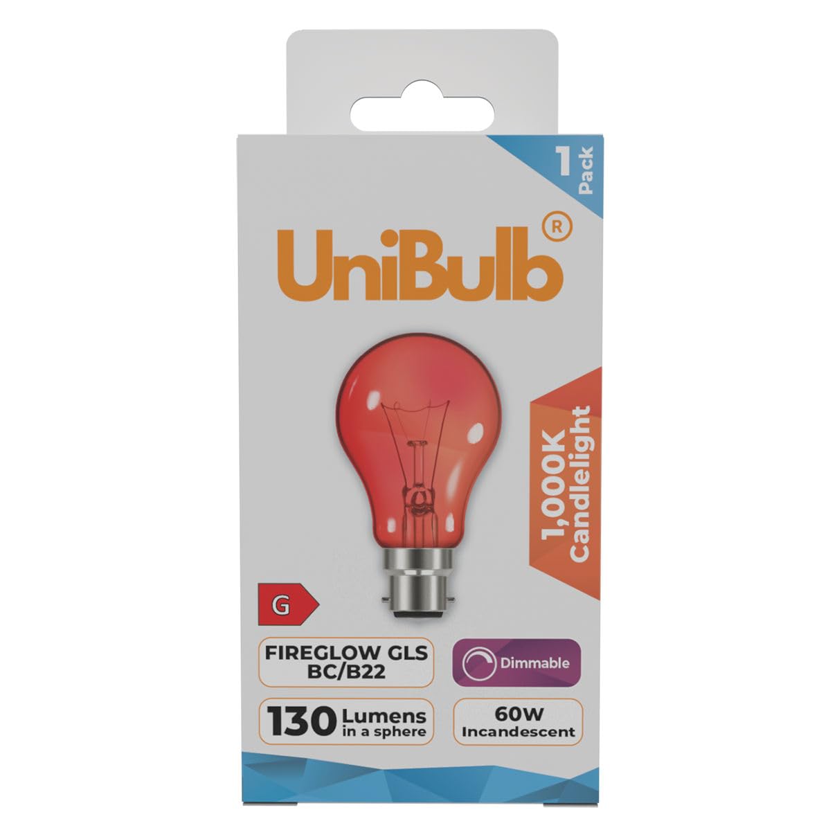 Unibulb Fireglow Red Light Bulb, 60W, GLS B22 Bayonet, 130 Lumens, 1000K Candlelight, Dimmable, Pack of 1 โ image 1