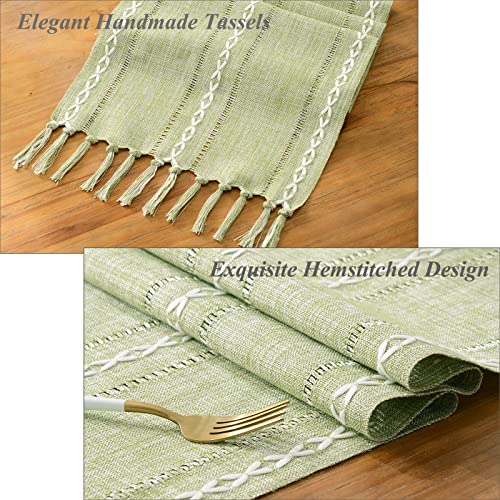 Wracra Hemstitch Cotton Linen Table Runner Farmhouse Style Sage Green Table Runner 150cm Long with Hand-tassels for Dining Kitchen Party and Dessert Table Decor(Sage Green - Image 2