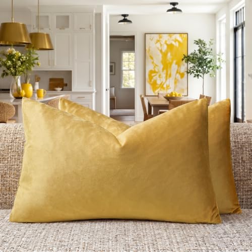 Image of GIGIZAZA Yellow Velvet Decorative Throw Pillow Covers for Sofa Bed 2 Pack Soft Cushion Cover (Yellow, 12 x 20- Set of 2)