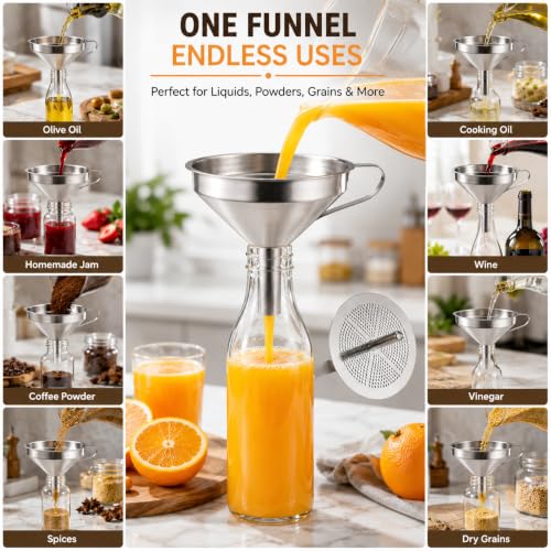Image of Stainless Steel Funnel with Removable Strainer, 11 cm Wide Mouth Metal Funnel for Bottling Oil, Juice, Powder & Liquid Transfer, Kitchen Filling for Jars, Bottles and Containers