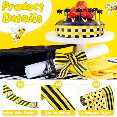 Image of 3 Rolls 15 Yards Burlap Wired Ribbon Christmas Wrapping Farmhouse Craft Ribbon Plaid Striped Dot Pattern for Party Home DIY Crafts Holiday Decoration (Yellow and Black)