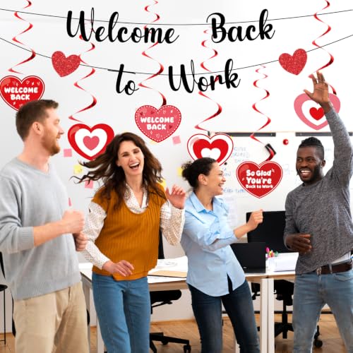 Image of Welcome Back To Work Decoration Banner So Glad You're Back To Work Banner and Hanging Swirls for Office Party Supplies - Black Red