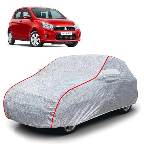 Image of Sulfar 100% Waterproof Car Body Cover Compatible with Mirror for Maruti Suzuki Celerio (Triple Stitched, Full Bottom Elastic, Magic Silver with Red Piping)