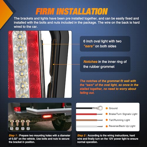 Image of Nilight 6Inch Oval Trailer Tail Light 2PCS Red Brake Stop Turn White Reverse Back Up Lights with Flush Mount Grommets Plugs Mounting Brackets for RV Truck Luggage Rack