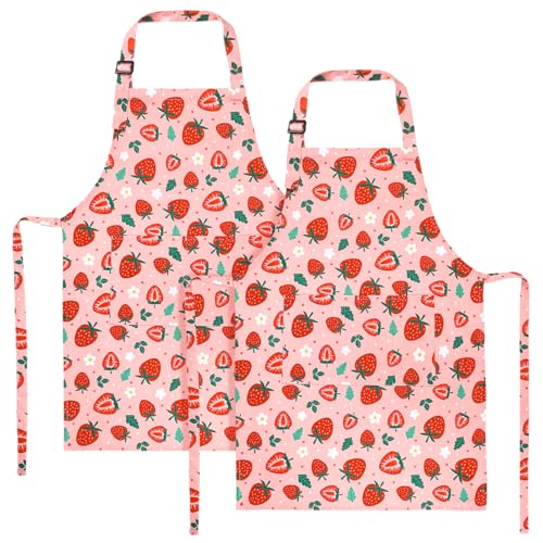 XLSXEXCL 2 Pack Strawberries Kids Aprons, Adjustable Kids Cooking Painting Aprons with 2 Pockets, Toddler Artist Smocks for Girls and Boys for...