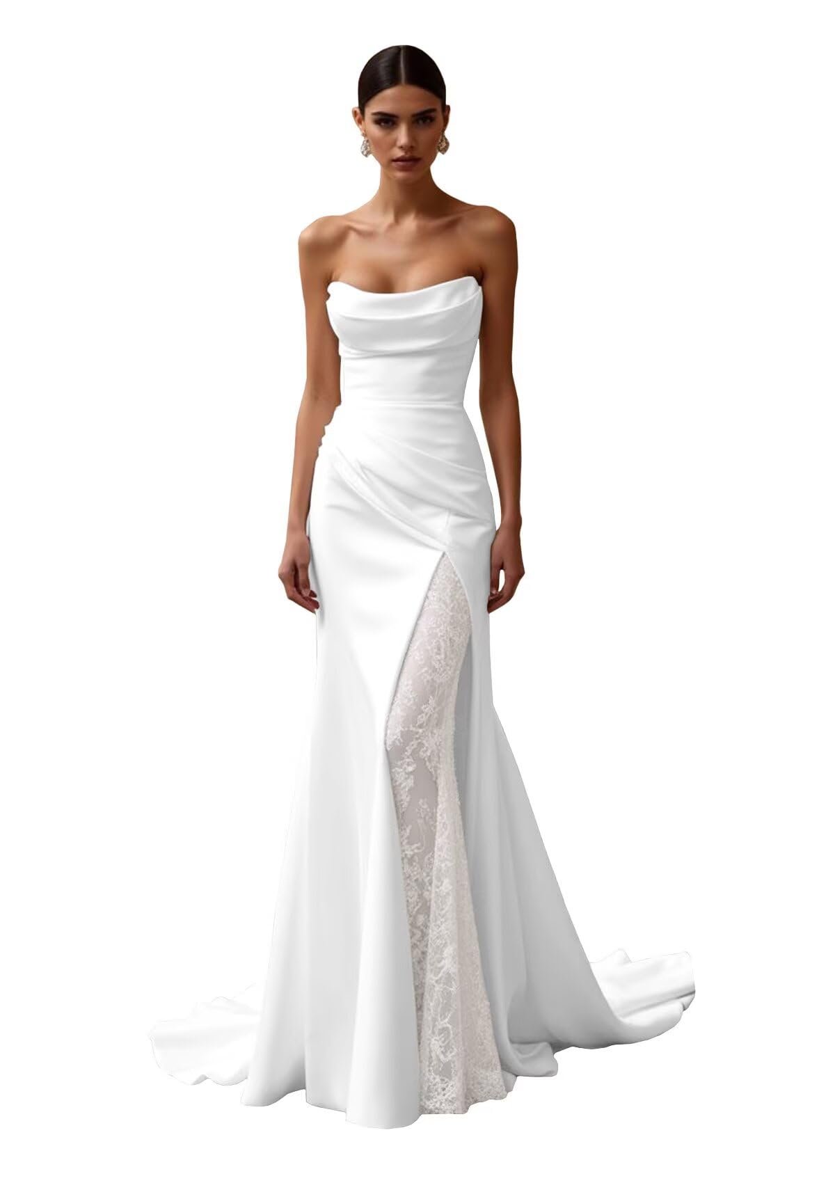 Strapless Satin Wedding Dresses for Bride Long Mermaid Slit Lace Beach Boho Bride Gowns with Train