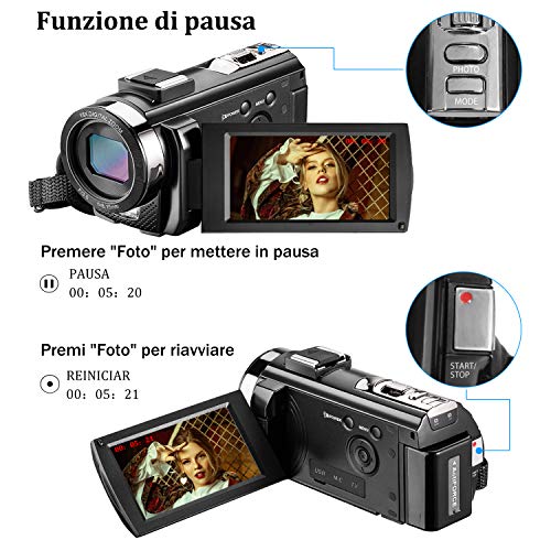 MELCAM Videocamera Digitale 1080P 30FPS – 36MP, Visione Notturna IR, Schermo 3” IPS, Zoom 16X, Per YouTube E Vlogging