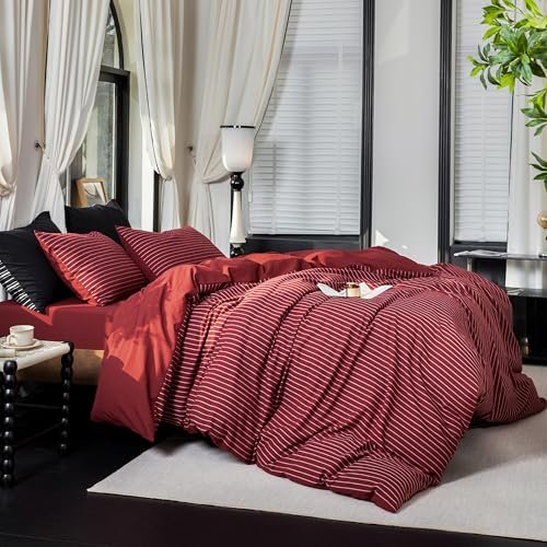 Warm Moment Reversible Duvet Cover Set 100% Washed Cotton Red Stripe Linen Feel Duvet Cover Queen Size with Zipper Closure & 2 Pillow Shams Red/White Stripe Reverse Solid Red