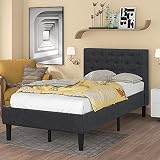 Catrimown Twin Bed Frame with Upholstered Button Tufted Headboard, Linen Fabric Platform Bed Frame w