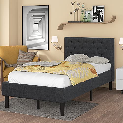Catrimown Twin Bed Frame With Upholstered Button Tufted Headboard, Linen Fabric Platform Bed Frame With Strong Wooden Slat Support, Mattress Foundation, No Box Spring Needed, Easy Assembly, Dark Grey #TOP28