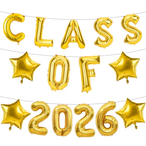 Image of Graduation Balloons, Class of 2026 Balloons, 16Inch Gold Grad Class of 2026 Letters Foil Balloon Sign with Star Balloons, Class of 2026 Decorations for High School College Graduation Party Decorations