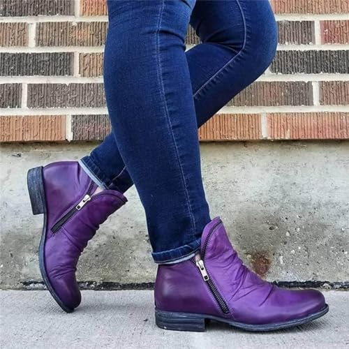 Womens Low Heel Ankle Boots Fashion Slip On Arch Support Walking Cowboy Booties Side Zipper Leather Vintage Western Short Boots for Women3