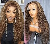 BUILDXIN Glueless 13x4 Honey Blonde Brown Highlight Lace Front Wigs Human Hair 150 Density HD Transparent Wet and Wavy Deep Wave Frontal Wigs Pre Plucked Ombre Curly Wigs for Black Women P4/27 22 inch