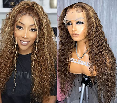 BUILDXIN Glueless 13x4 Honey Blonde Brown Highlight Lace Front Wigs Human Hair 150 Density HD Transparent Wet and Wavy Deep Wave Frontal Wigs Pre Plucked Ombre Curly Wigs for Black Women P4/27 22 inch