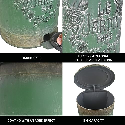 Image of Z&Z ornamentorum Retro Kitchen Trash Can with Lid 15 Liter /4 Gallon and Pedal Round Touchless Garbage Cans with Flower and Bird Patterns Outdoor Trash Can for Kitchen Park Garden Green