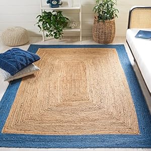SAFAVIEH Natural Fiber Collection Area Rug – 5′ x 8′, Natural & Blue, Handmade Flat Weave Boho Farmhouse Rustic Border Jute, Ideal for High Traffic Areas in Living Room, Bedroom (NFB852M)