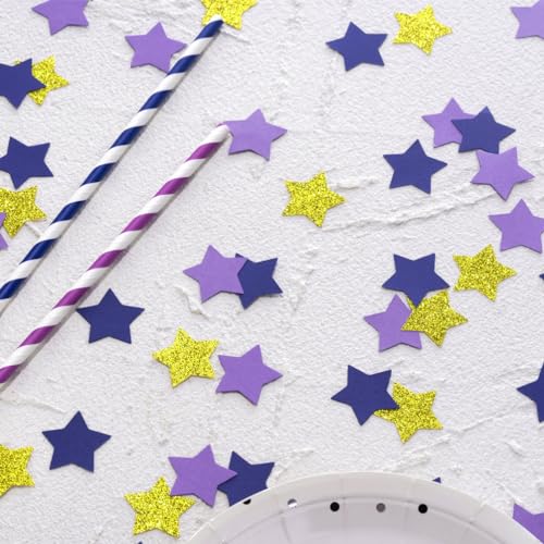Image of MOWO Purple Blue and Gold Star Confetti Table Decoration, 1.2'', 200pc | Graduation Eid Ramadan Birthday Retirement Party, eid, new yea's