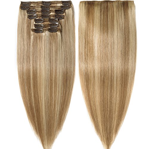 s-noilite Clip in Human Hair Extensions 100% Real Remy Thick True Double Weft Full Head 8 Pieces 18 clips Straight silky (22 inch - 160g,Ash Blonde/Bleach Blonde (#18/613))