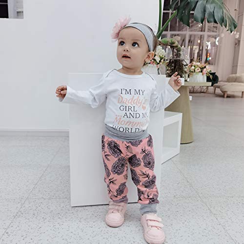 Image of Newborn Baby Girl Clothes 0-18M Infant Ruffle Romper Bodysuit, Long Sleeve Tops Floral Pant Outfits Set + Headband