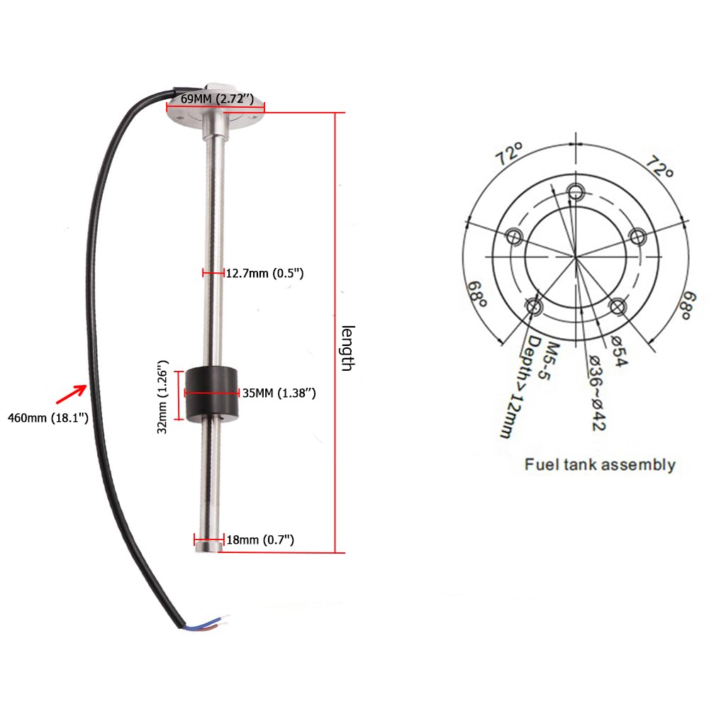 KUS 52 mm Wasserstandsmesser 0–190 Ohm Signalanzeige 12 V 24 V für Schiffe Yachten mit Hintergrundbeleuchtung mit 330 mm langem Füllstandssensor