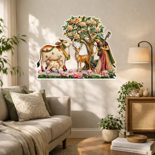 Image of Rangoli Cow Krishna Theme Wall Sticker 20 x 16 Inch Floral Tree Animal Design Self Adhesive Wall Decor for Living Room Bedroom Kids Room Indian Traditional Wall Art