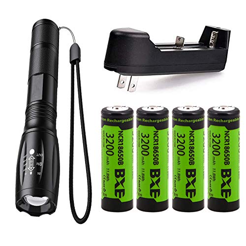 LED 18650 Flashlights Set included 4pcs 3.7V 3200mAh Rechargeable 18650 Battery+Charger+Pocket-Size Flashlight, Zoomable Water Resistant 5 Modes Handheld Light for Camping Reading Outdoor