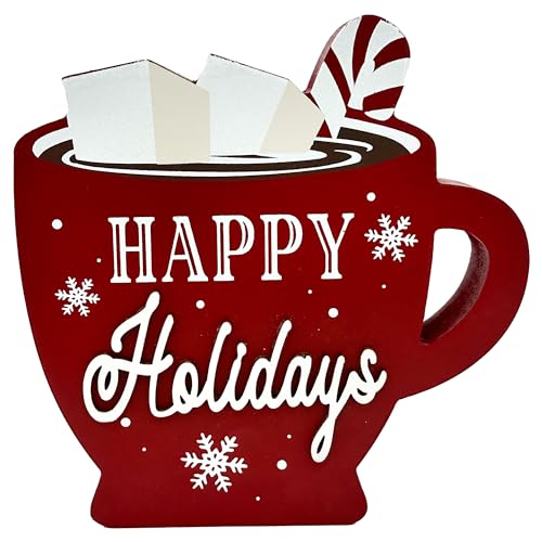 HOMirable Christmas Decorations for Home Red Coffee Cup Sign Farmhouse Merry Christmas Decor Wooden Rustic Happy Holiday Block Tabletop Xmas Party Décor for Living Room, Dining Table
