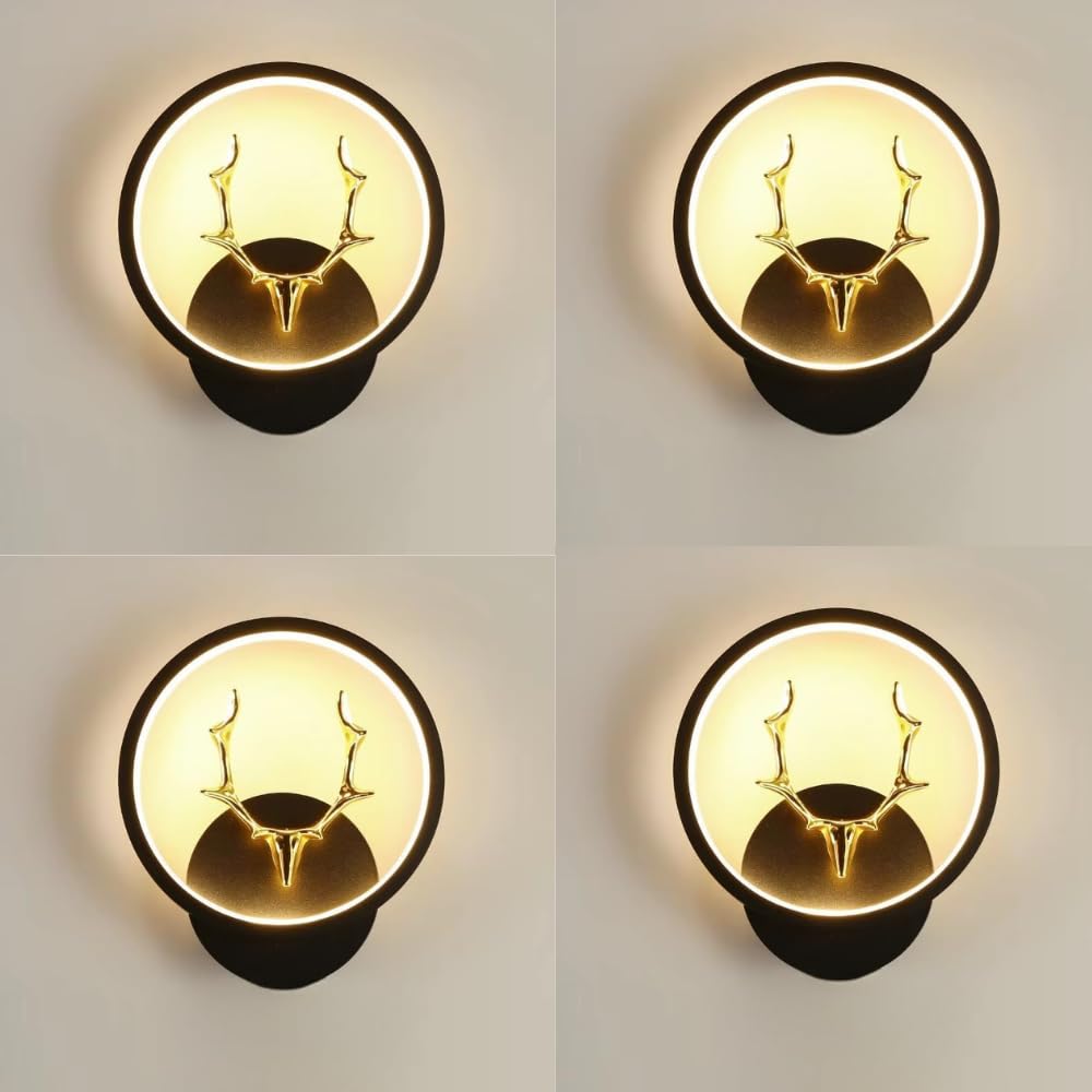 Desidiya 4 Round LED Wall Light with Golden Deer Head Decor Several Color Modes, Creative Flush Mount Wall Lamp for Bedroom, Living Room, Hallway & Interior Décor | Energy-Efficient Wall Sconce