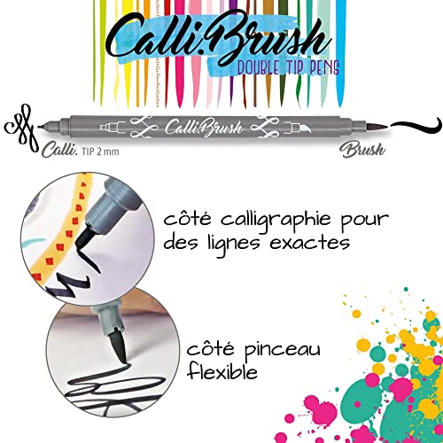 Parure Calli.Brush, set de 24 stylos feutre calligraphie avec deux côtés (côté calligraphie de 2 mm et côté pinceau flexible) pour handlettering/bullet journaling/écriture créative, en pochette - Image 4