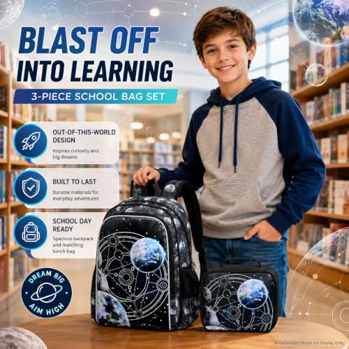 Image of gxtvo 3PCS Boys Planet Bookbag, 17 inch Kids Bookbag with Lunch Box, Water Resistant Middle Elementary Preschool School Bag