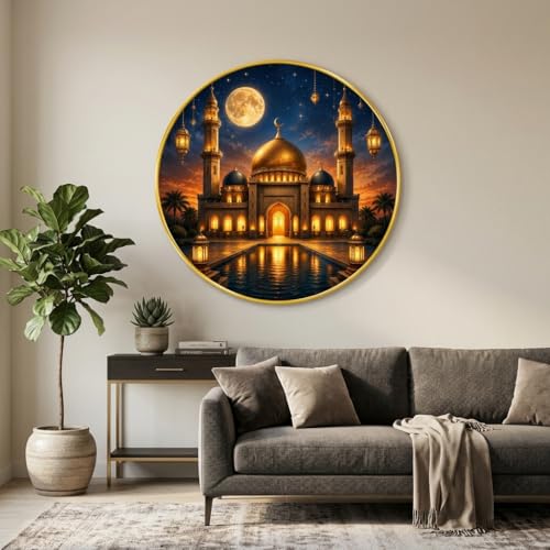 Image of SAF Islamic Mosque Moon Round Wall Painting with Premium PVC Golden Frame, Golden Dome Lantern Night Art, Muslim Home Decor for Prayer Room Living Room (23 x 23 Inch) GR-433
