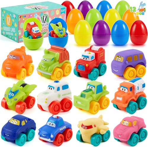 JOYIN 12 Pcs Prefilled Easter Eggs with Toys, Plastic Easter Eggs with Rubber Cars, Easter Basket Stuffers, Easter Theme Party Favors for Toddlers and Kids, Easter Egg Hunt, Classroom Prize Supplies
