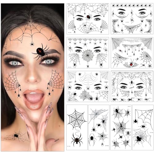 Tatuagens temporárias, aranhas, 10 folhas tatuagens teias de aranha, autocolantes de maquilhagem de teia de aranha, tatuagens temporárias de aranha, aranhas e teias de aranha para Halloween carnaval