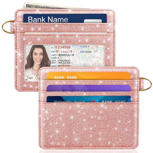 Image of Slim Minimalist Pocket Credit Card Holder Wallet Women | RFID Blocking Lightweight Thin Small Cute Card Cases, Glitter Rose Gold
