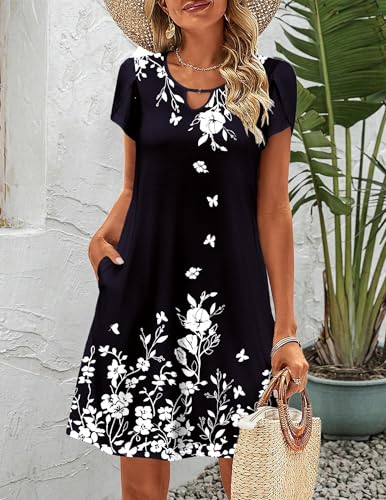 Image of Zeagoo Women's Casual A-Line Dresses with Pockets Summer Floral Tshirt Dress Short Sleeve Mini Dress Flowy Sundresses